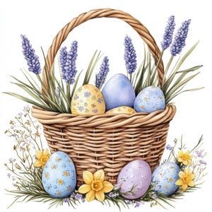 10 Easter Eggs Basket Clipart, Junk Journals, Printable Watercolor Clipart, Digital Download, Paper Craft, Easter eggs, High Quality JPGs