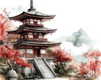 10 Clipart di paesaggi di templi giapponesi, 10 JPG di alta qualità, download digitale, arte murale, clipart di acquerelli stampabili, creazione di carta digitale