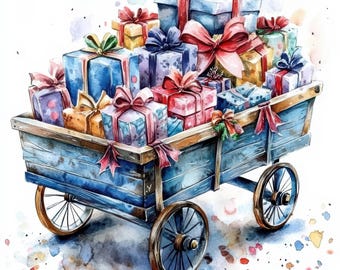 10 Schubkarre mit Geschenken Clipart, Geschenke Clipart, hochwertige JPGs, Schubkarre Clipart, druckbare Aquarell Clipart, digitaler Download