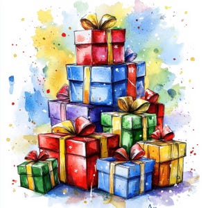 10 Colorful Gift Boxes Clipart, Gift Wrapped, High Quality JPGs, Rainbow Box, Printable Watercolor Clipart, Digital Download, Paper Craft