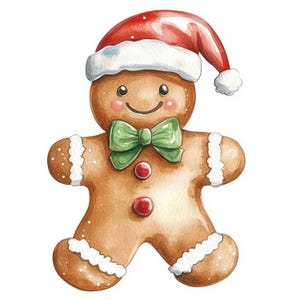 Puede incluir: Ilustración en acuarela de un hombre de jengibre con un gorro de Papá Noel y una pajarita verde. El hombre de jengibre tiene una cara sonriente, mejillas rosadas y botones rojos. Glaseado blanco decora los bordes.