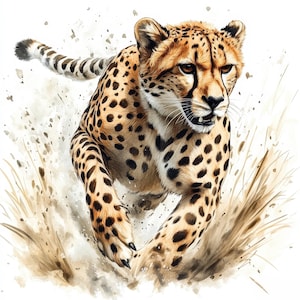 May include: A watercolour painting of a cheetah in full stride, highlighting its spotted coat and intense gaze. The artwork captures the cheetah's speed and power, with a dynamic pose and a background of soft, earthy tones.