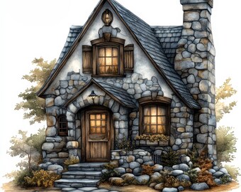 10 Stone Cottage Clipart, 10 High Quality JPGs, Digital Download, Watercolor Art, Card Making, Digital Paper Craft, Clipart, Mixed Media