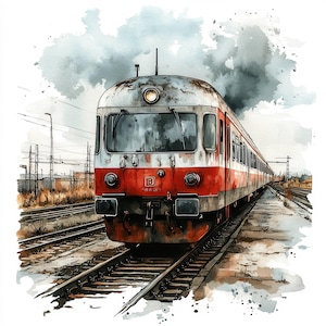 10 imágenes prediseñadas de trenes abandonados, para scrapbooking, diario basura, manualidades de papel, descarga digital, 10 archivos JPG de alta calidad, imágenes prediseñadas de acuarela imprimibles