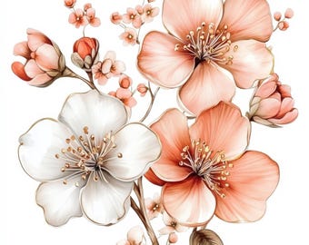 10種類の印刷可能な抽象的な花、水彩画のピンクの花、透明な花の