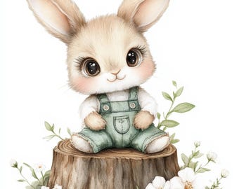 15 Cut Rabbit on Tree Clipart, Junk Journals, Rabbit Clipart, Paper Craft, Digital Download, High Quality JPGs, Printable Watercolor Clipart