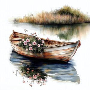 10 Floral Boat Clipart, 10 High Quality JPG, Digital Download, Wooden Boat Clipart, Watercolor Clipart, Digital Paper Craft, Junk Journal