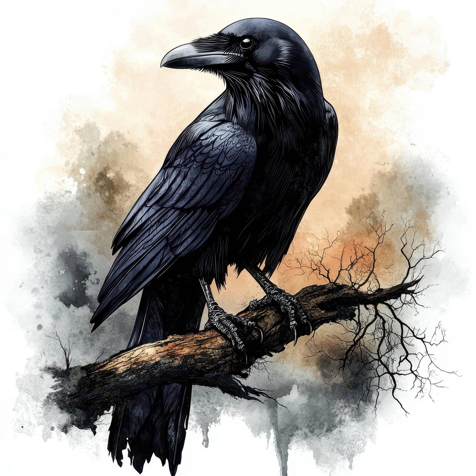 15 Raven on Tree Branch Clipart, Printable Watercolor Clipart, Crow ...