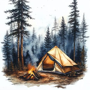 10 Cozy Camping Clipart, 10 High Quality JPGs, Digital Download, Watercolor Clipart, Camping Tent Clipart, Junk Journal, Paper Craft