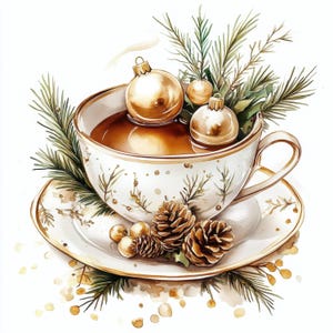 May include: A watercolor illustration of a teacup and saucer with a festive holiday theme. The teacup is filled with tea and adorned with gold ornaments, pine needles, and pinecones. The cup and saucer have a gold trim.
