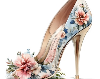 10 imágenes prediseñadas de zapatos de fiesta florales, imágenes prediseñadas de tacones altos, arte infantil, descarga digital, imágenes prediseñadas imprimibles, imágenes prediseñadas de acuarela, JPG de alta calidad