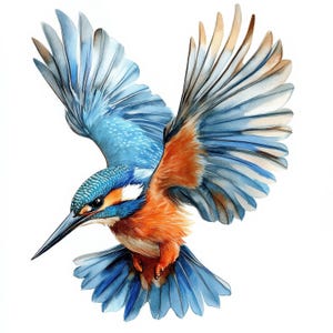 Op de afbeelding: Waterverfillustratie van een ijsvogel in vlucht. De vogel heeft blauwe vleugels, een blauw en oranje lichaam en een lange, donkere snavel. De vleugels zijn wijd gespreid en tonen de gedetailleerde veervorming tegen een witte achtergrond.