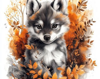 14 imágenes prediseñadas de bebé lobo en otoño, imágenes prediseñadas de acuarela imprimibles, revistas basura, archivos JPG de alta calidad, manualidades de papel, arte de bebé lobo, descarga digital
