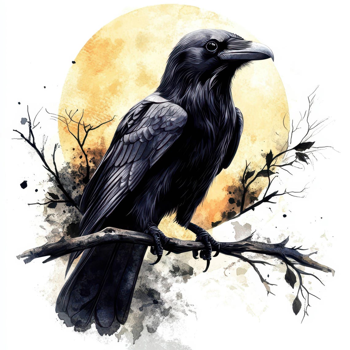 15 Raven on Tree Branch Clipart, Printable Watercolor Clipart, Crow ...