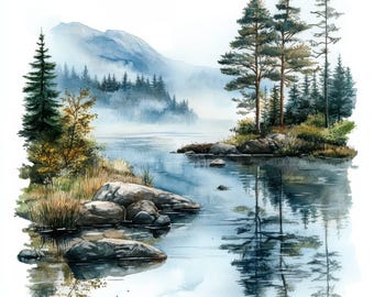 10 imágenes prediseñadas de paisaje de lago, JPG de alta calidad, descarga digital, imágenes prediseñadas de acuarela, manualidades de papel digitales, scrapbooking, amanecer en el lago, imágenes prediseñadas