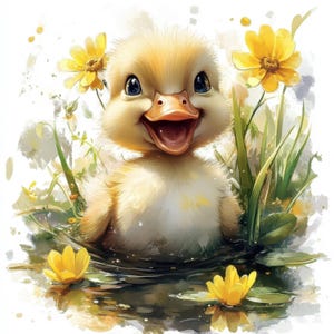 Op de afbeelding: Een vrolijke, cartoonachtige afbeelding van een gele eendekuiken met een open snavel, omringd door gele bloemen en groen gebladerte. Het eendekuiken bevindt zich in een vijver, met waterlelies en reflecties. Het thema is lente en natuur.