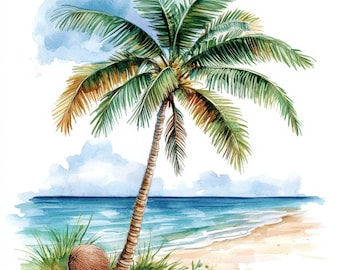 21 Watercolor Coconut Trees Clipart, Paper Craft, High Quality JPGs, Palm Tree Clipart, Digital Download, Printable Watercolor Clipart