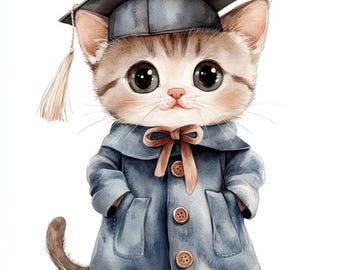 卒業式の黒猫のクリップアート：大学卒業生 PNG（デジタルダウンロード