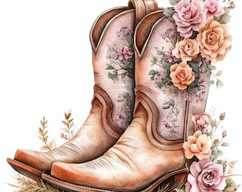 10 Floral Cowgirl Boots Clipart, Watercolor Clipart, Junk Journals, Paper Craft, Art, Shabby Chic, 10 High Quality JPG, Digital Download