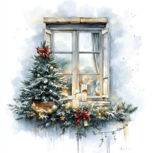 May include: Watercolor painting of a window decorated for Christmas. A small Christmas tree sits in a pot to the left of the window, adorned with ornaments and a red bow. The window sill has candles, gifts, and garland.