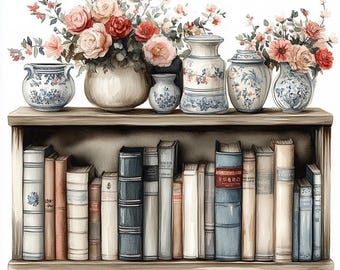 10 Floral Bookshelf Clipart 3, 10 High Quality JPGs, Digital Download, Paper Craft, Junk Journal, Floral Book shelf, Watercolor Clipart