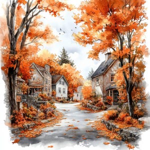 10 Autumn Street Clipart, 10 High Quality JPGs, Digital Download, Paper Craft, Junk Journal, Printable Watercolor Clipart, Autumn Clipart