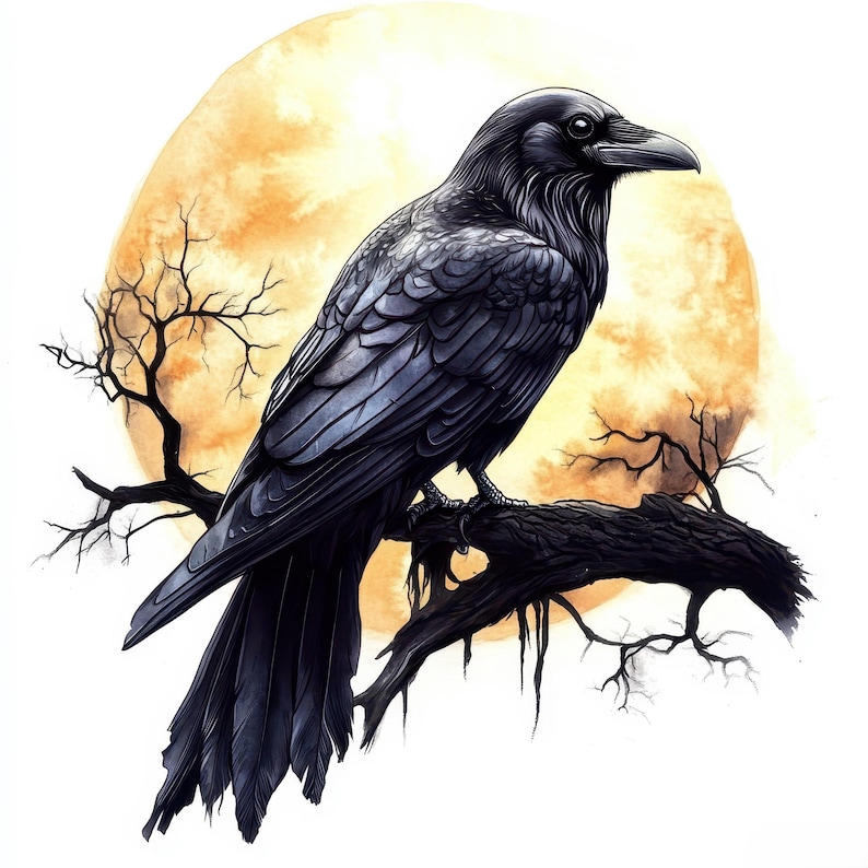 15 Raven on Tree Branch Clipart, Printable Watercolor Clipart, Crow ...