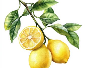 12 Lemon Branch Clipart, Printable Watercolor Clipart, Junk Journals, High Quality JPGs, Paper Craft, Kitchen Clipart, Digital Download