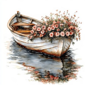 10 Floral Boat Clipart, 10 High Quality JPGs, Junk Journal, Wooden Boat Clipart, Digital Download, Watercolor Clipart, Digital Paper Craft