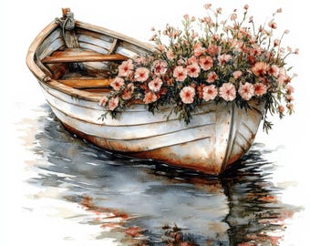 10 bloemen boot clipart, 10 hoge kwaliteit jpg's, junk Journal, houten boot clipart, digitale download, aquarel clipart, Digital Paper Craft