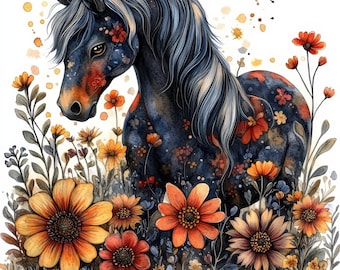 10 Floral Horses Clipart, Printable Watercolor Clipart, Scrapbooking, Junk Journals, Sublimation, High Quality JPGs, Digital Download
