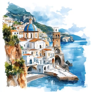 10 Amalfi Coast Clipart, Printable Watercolor Clipart, Paper Craft, Digital Download, High Quality JPGs, Amalfi Coast Landscape