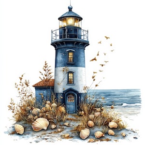 May include: Watercolor illustration of a lighthouse with a blue and white tower, a red roof, and a blue door. The scene includes seashells, tall grass, and birds flying near the ocean. The lighthouse has a lit lamp.