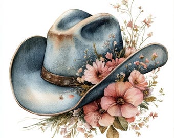 10 Cowboy Hats Clipart, Printable Watercolor Clipart, Floral Cowboy Hat, Blue Cowgirl Hat, Digital Download, High Quality JPGs, Paper Craft
