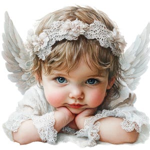 May include: A watercolour illustration of a child with blonde hair, blue eyes, and rosy cheeks, wearing a lace headband and white feathered wings. The child is dressed in a white lace trimmed outfit, resting their chin on their hands.