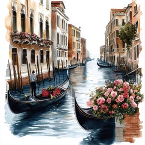 Op de afbeelding: Waterverfschilderij van een Venetiaanse kanaalscène. Twee zwarte gondels drijven op het water, een met een persoon in een gestreept shirt. Gebouwen staan langs het kanaal en roze bloemen sieren een gondel.