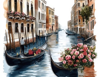 ヴェネツィアのゴンドラの水彩画クリップアート、ロマンチックな運河の