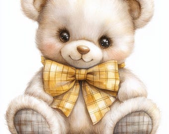 Può includere: Illustrazione ad acquerello di un orsacchiotto con corpo color crema, grandi occhi marroni e un papillon a quadri gialli. L'orso ha zampe a fantasia a quadri ed è seduto. Alcune foglie gialle in basso.