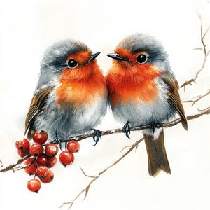 May include: Watercolor painting of two robins perched on a branch with red berries. The birds have gray and brown feathers with bright orange chests. The artwork is set against a white background.