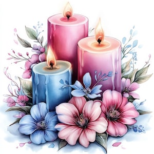 15 Floral Candle Clipart, Printable Watercolor Clipart, Paper Craft, Junk Journals, High Quality JPGs, Digital Download, Candle Clipart