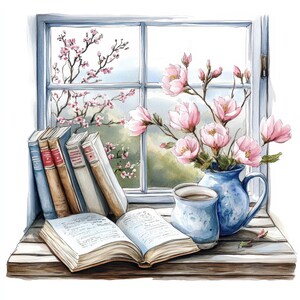 May include: Watercolor illustration of a window scene with books, flowers, and a cup. A stack of books leans against the window frame, with an open book in front. A blue pitcher and cup hold pink flowers. Cherry blossoms are visible outside the window.