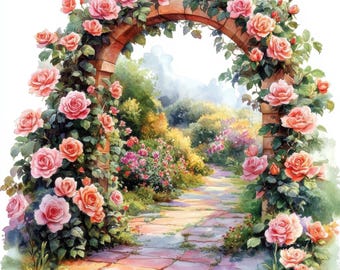 May include: Watercolor painting of a brick archway covered in pink and peach roses. A stone path leads into a lush garden with colorful flowers and greenery. The scene evokes a sense of tranquility and beauty.