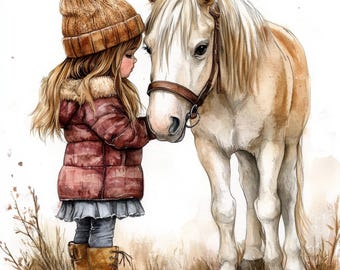 May include: Watercolor illustration of a young person in a brown knit hat and burgundy coat, gently touching a light brown horse. The horse wears a brown bridle. The artwork has a soft, warm color palette and a whimsical feel.