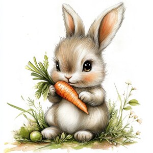 May include: A watercolour illustration of a fluffy, light brown bunny with large, dark eyes and pink cheeks. The bunny is holding a bright orange carrot with green leaves. It is surrounded by green grass and small white flowers.