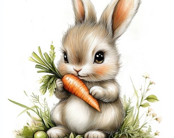 10 Bunny With Carrot Clipart, High Quality JPGs, Digital Download, Printable Watercolor Clipart, Junk Journals, Digital Paper Craft, Bunnies
