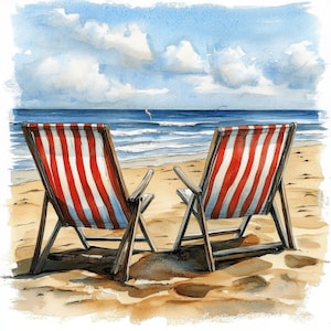 10 Watercolor Beach Chairs Clipart, 10 High Quality JPGs, Digital Download, Card Making, Mixed Media, Commercial Use, Digital Paper Craft