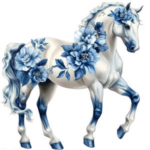 10 Caballos Azules de Delft, Descarga Digital, Ilustración Vintage, Creación de Tarjetas, Azulejo Holandés, Descarga Digital, Clipart de Caballos, 10 JPG de Alta Calidad
