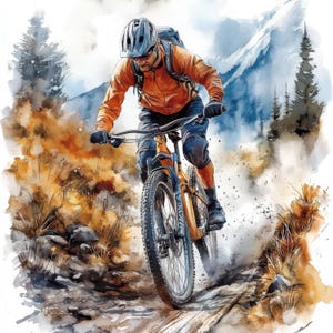 May include: Watercolor illustration of a mountain biker riding a yellow and black mountain bike on a dirt trail. The biker wears an orange jacket, blue shorts, and a helmet. The background features mountains and trees.