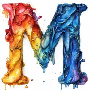 May include: A watercolor illustration of the letter "M" in a rainbow of colors. The letter is depicted with a melting, dripping effect, transitioning from red to orange, yellow, green, blue, and purple.