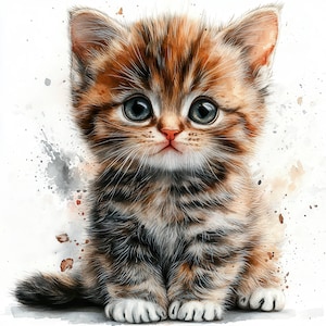 May include: Watercolor illustration of a kitten with large blue eyes and brown and tan fur. The kitten is sitting upright, with its paws neatly arranged. Splatter effects in gray and brown add to the artistic style.